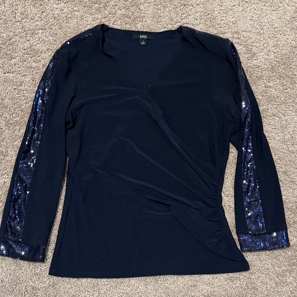 MSK Dark Blue Top with Sequin Sleeves - Picture 1 of 4